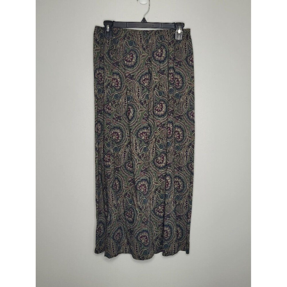 Vintage Liz Baker green red paisley print pull on romantic maxi skirt size m